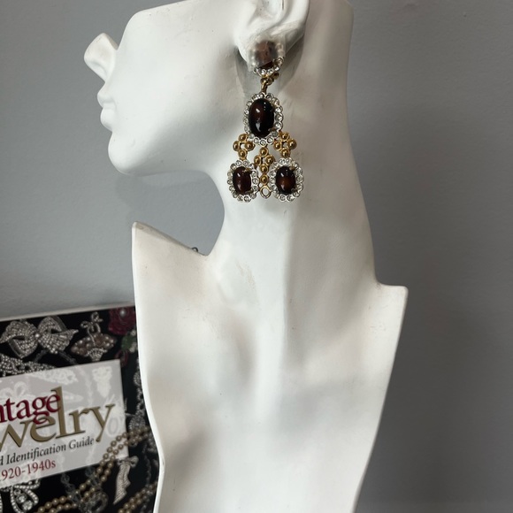 Vtg KJL Chandelier Earrings Clip on Brown Cabochon Rhinestone Dangle 60's - Picture 9 of 11